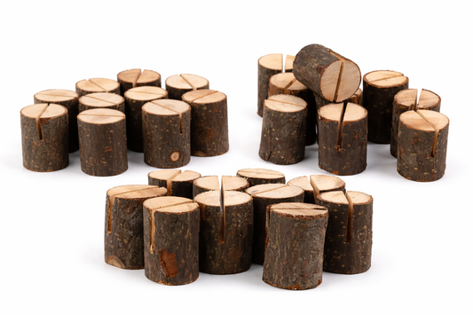 Houten Kaart- & Notitiehouder Boomstronk – Set van 10 – Foto, Visitekaart & Bericht