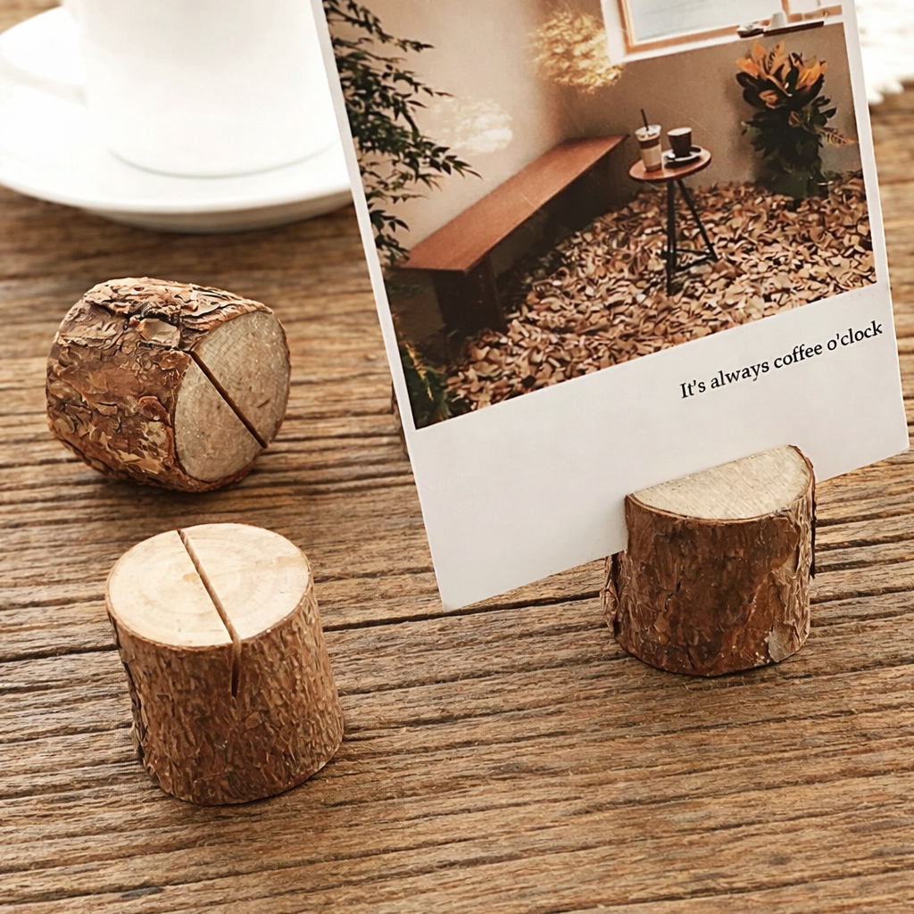 Houten Kaart- & Notitiehouder Boomstronk – Set van 10 – Foto, Visitekaart & Bericht